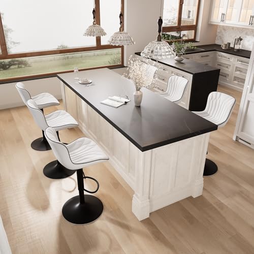 Image of Single Bar Stools Modern Kitchen Counter Bar Chairs Swivel Barstools White | Faux leather upholstered island chairs with backs & metal base. Adjustable Height, easy to clean & load 300 lbs