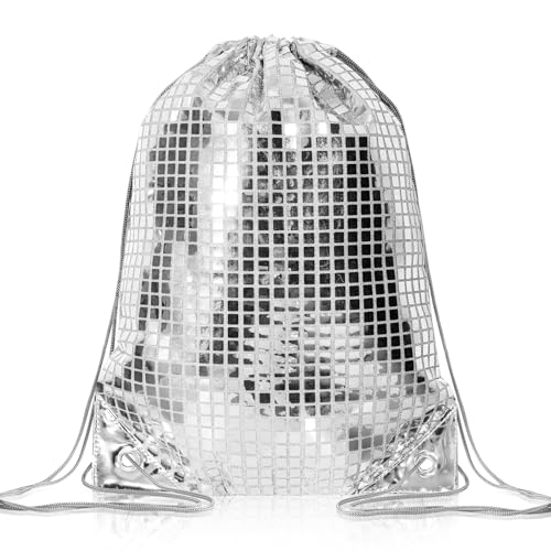 1 Piece Disco Drawstring Bag Sequin Backpack Silver Gym Bag Decorations for Birthday Gift 70s 80s 90s Last Disco Party Favor