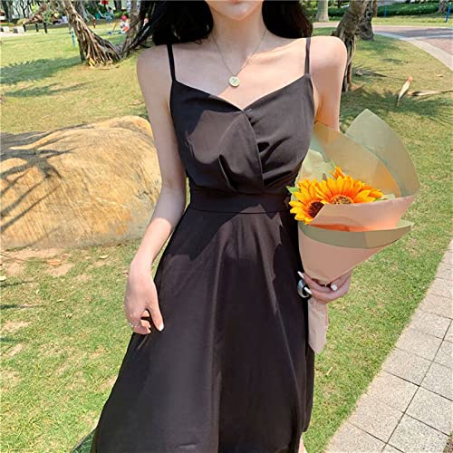 Vestidos casuais femininos vestido casual com alças evasê cor sólida maxi vestido verão (Color : Bla