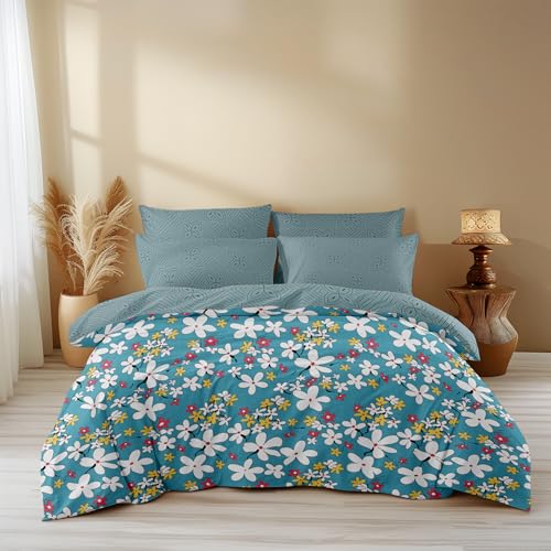 Image of LOOMLYFE 300 TC All Season King Size AC Comforter || Blanket || Duvet with 1 King Size Elastic Fitted Bedsheet and 2 Large Pillow Cover - 4 Piece Comforter Set - SkyBlueFlower