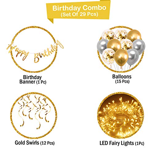 Image of Party Propz Happy Birthday Decoration Kit Combo with Fairy Led Light 29pcs Set Banner, Metallic, Confetti Balloon, Swirls For Boys, Girls, Kids, Wife, Women, 16th, 18th, 21st, 30th Party Supplies
