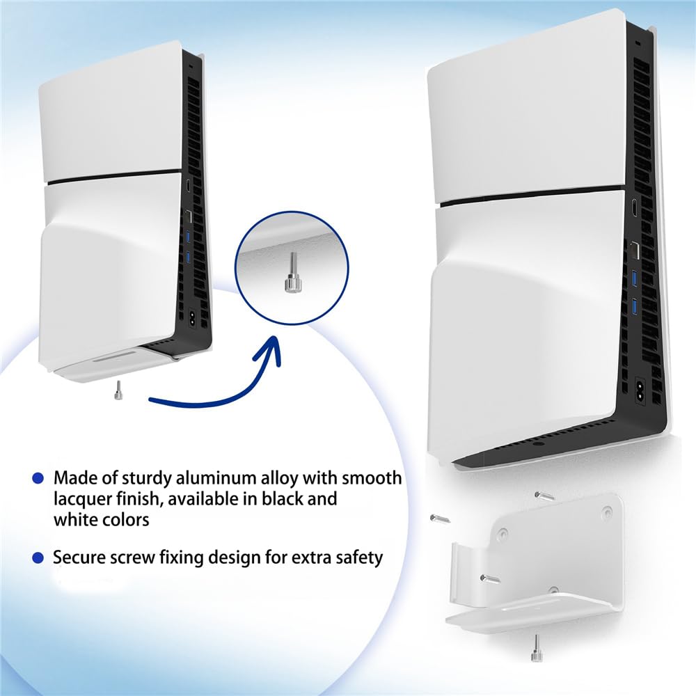Uchwyt ścienny do konsoli PS5 Slim do PS5 Slim Digital Edition do PS5 Slim Disc Edition, stojak ze stopu aluminium z rozpraszaniem ciepła, oszczędność miejsca, konfiguracja gier, biały