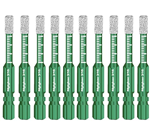 10PC Green 3/16" Dry Diamond Drill Bits Set 5mm for Granite Ceramic Marble Tile Stone Glass Hard Materials (not for Wood), Round Shank with Storage Bottle