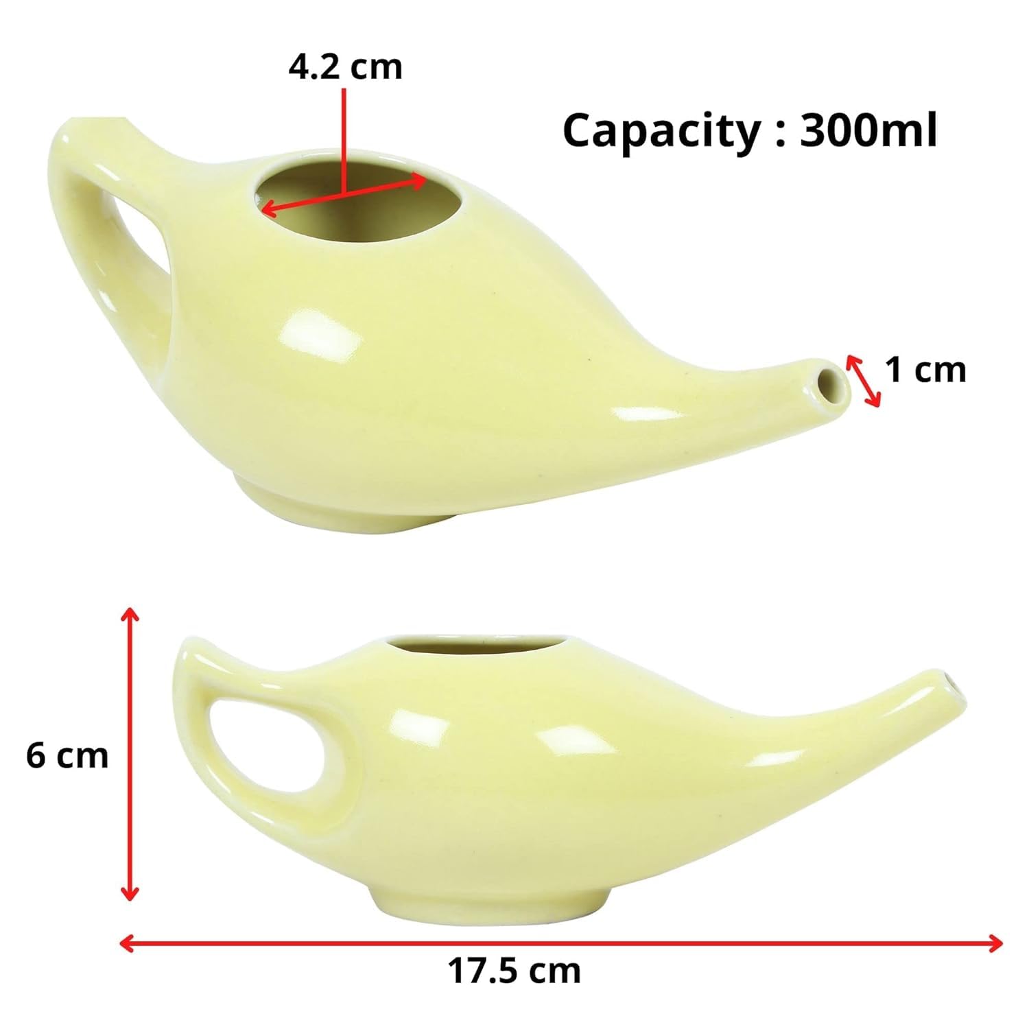 QIMACPLUS Leak-Proof Durable Ceramic Jal Neti Pot | Non-Metallic, Lead-Free, Microwave & Dishwasher Safe with Comfortable Grip | 1 PCS (Yellow - 220 ML) 3