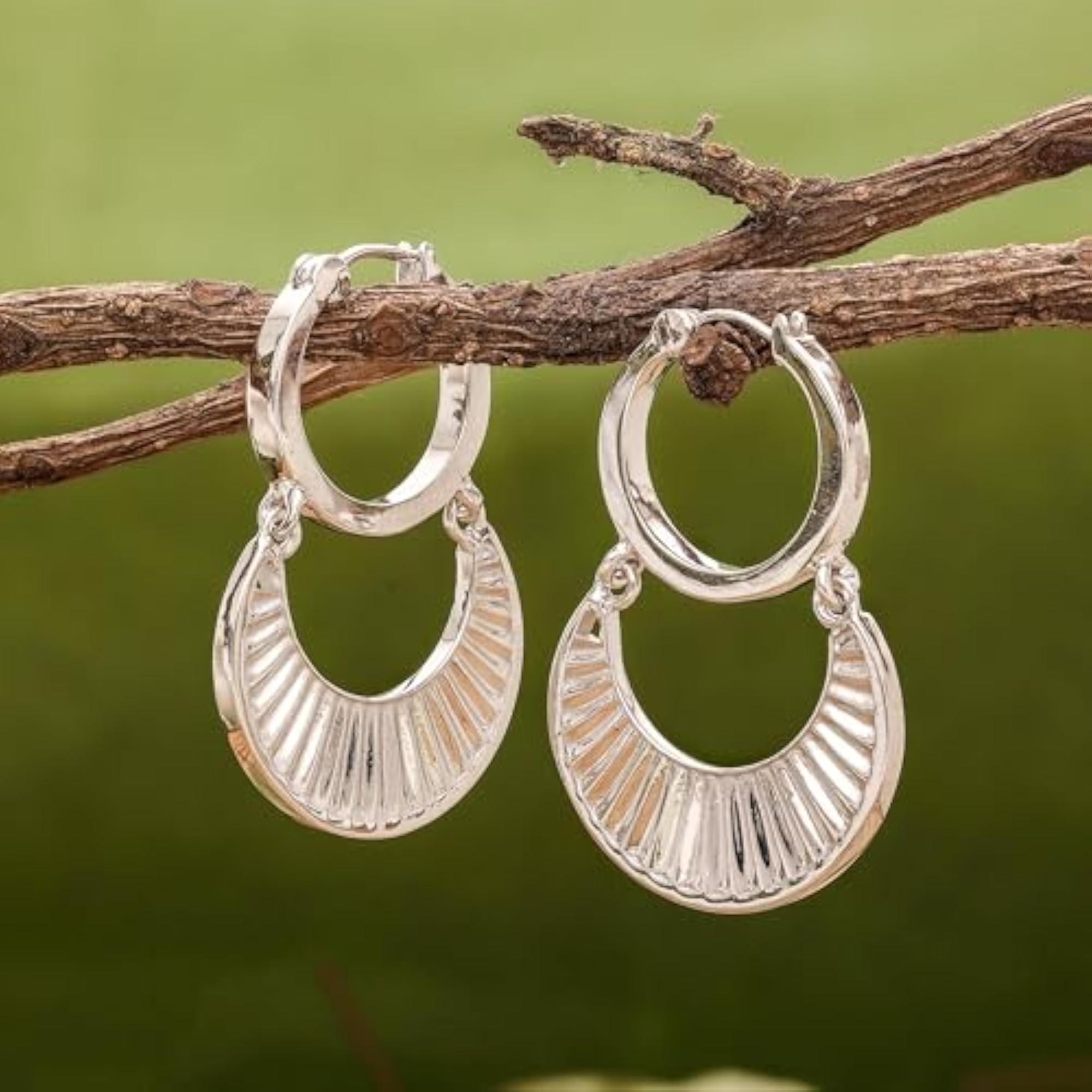 Women's 925 Sterling Silver Textured Geometric Hoop Dangle Earrings