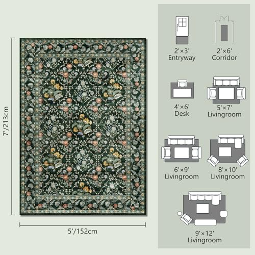 Image of Vintage Botanical Dark Green Area Rug 5x7 Elegant Floral Pattern, Durable Stain-Resistant Fabric, Perfect for Living Room, Bedroom, Dining Room Decor