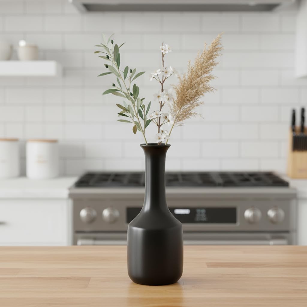 Black Ceramic Vase for Pampas Grass, 11 Inch Modern Flower Vase, Minimalist Boho Vase for Home Decor, Kitchen, Bedroom, Office, Living Room, Bathroom, Shelf Centerpiece Table Decor