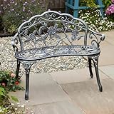 Home Source Cast Iron Garden Bench Metal Frame Patio Chair Outdoor Seating, Grey, 2 Seater