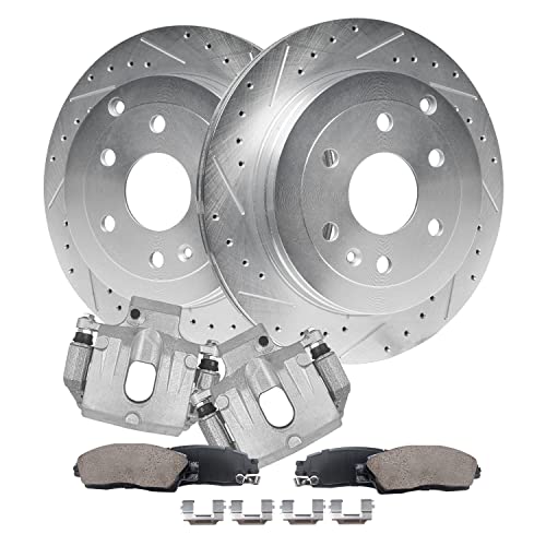Image of Detroit Axle - Rear Brake Kit for Chevy Traverse GMC Acadia Buick Enclave | Saturn Outlook Drilled & Slotted Brake Rotors Brake Calipers w /Brackets Ceramic Brake Pads Replacement