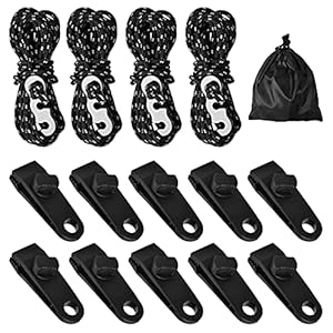 Joyan 10 pièces Clips de Bâche + 4PCS 3mm *3m Cordes pour Tente Réfléchissante Pince pour Tentes, Couvertures, Auvents, Bannières, Navigation de Plaisance