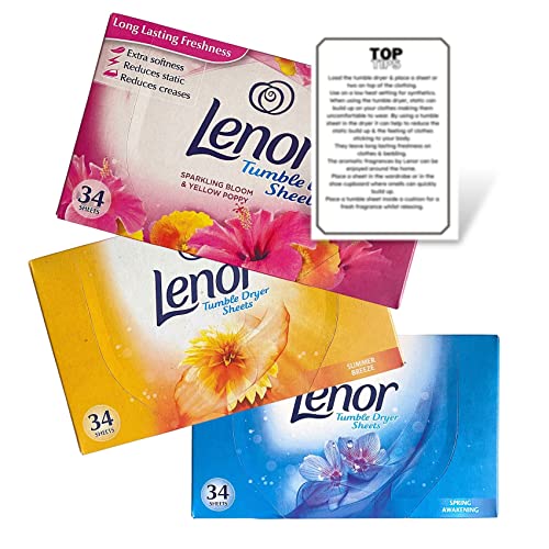 Tumble Dryer Sheets Lenor Spring Awakening Summer Breeze Sparkling Bloom Poppy & Top Tips Guide (Pack of 3 plus Guide) 34 Count (Pack of 3)