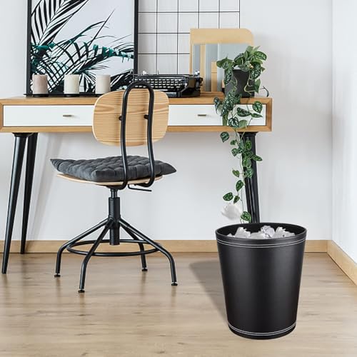 Image of GORESE Pu Leather Trash Can, 2.6 Gallon Black Bathroom Trash Can, Small Office Garbage Can Wastebasket for Bedroom, Kitchen, Round Trash Bin Decorative Under-Sink /Desk /Home Easy to Clean