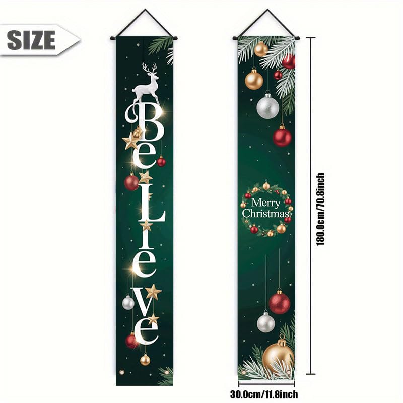 ActFirst Banner per portico di compleanno a tema natalizio da 30,5 x 180,3 cm, adatto per decorazione interna/esterna, dotato di rami di pino, decorazioni e la parola crede tessuto resistente, adatto