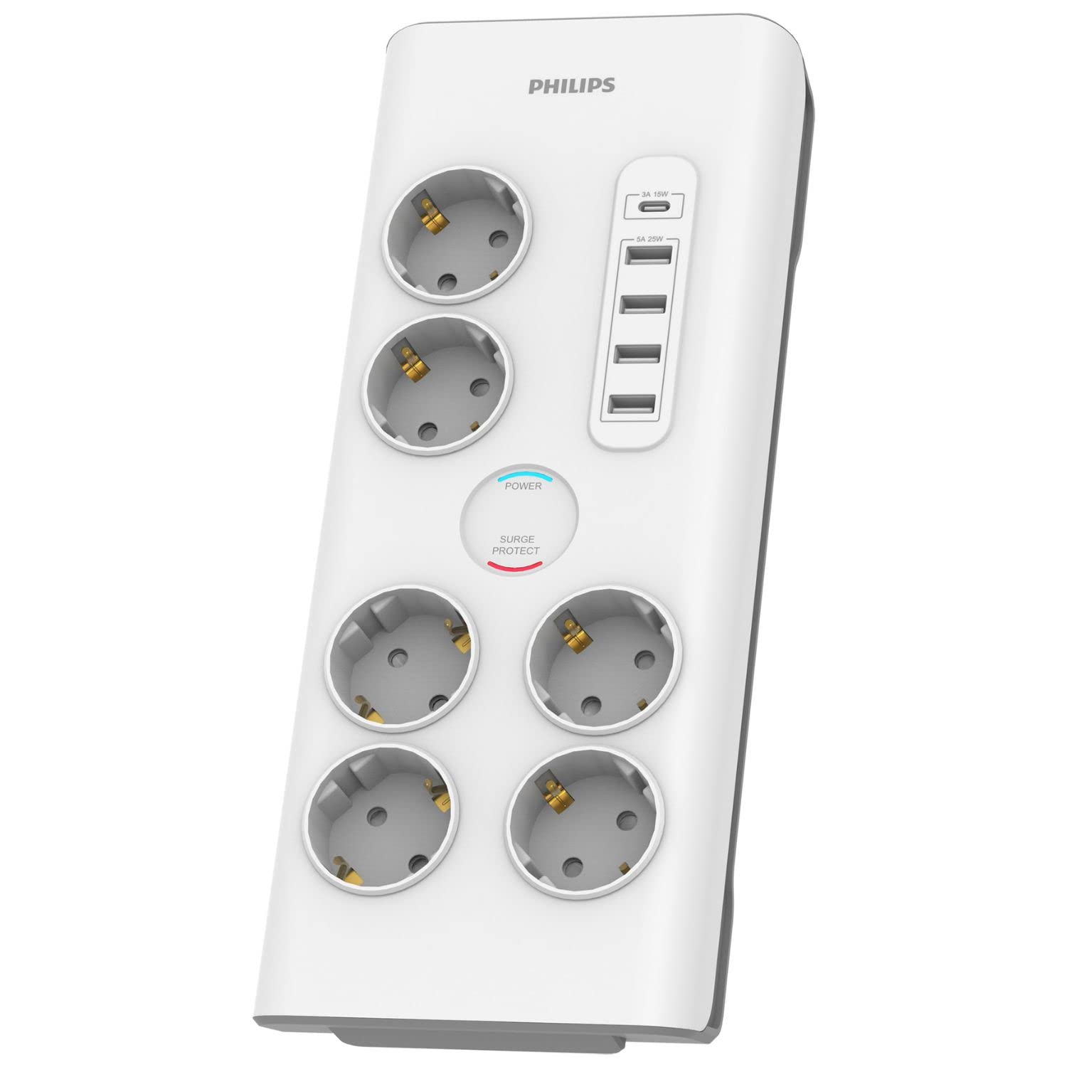 Philips SPN7060WA/10 - Multipresa a 6 prese Schuko, 4 porte USB 35 W e 1 tipo C, Bloq Alimentazione, cavo intrecciato 2 metri ad alta resistenza, chiusura sicurezza (indicatore LED Prot. Sovraccari)