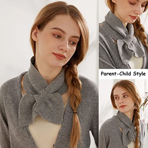 YUONNY 100% Cashmere Knitted Small Scarf for Women Girls, Solid Colour Warm Neck Collar Scarf, Winter Collar Cross Neck Knit Scarves, Stylish Soft Warmer Neck Wrap, Parent-Child Section Grey2