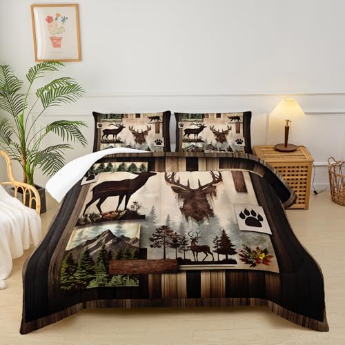 lneffble Deer Comforter Set Twin Size，Lodge Quilt Set Twin Size, Rustic Cabin Bedding Set Black Deer，Deer Themed Bedroom Decor with 1 Comforter with 2 Pillow Case