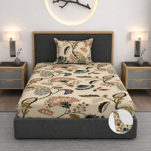 Image of Vram Premium Heavy Cotton Elastic Fitted Bedsheets with 1 King Size Pillow Covers || Single Bed with All Around Elastic 350 TC || 36 x 78 x 6 Inch Single Size Fitted || :- Jaipuri Peacock