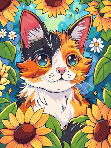 Peinture diamant DIY chat et tournesols xxl aux détails scintillants 5D