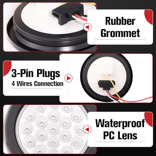 Image of 2PCS 4 Inch 19LED Red+White Round Led Trailer Tail Lights,Brake Stop Turn Signal Light w /Grommets,12V,IP67 Waterproof,3-Prong Wire Pigtails