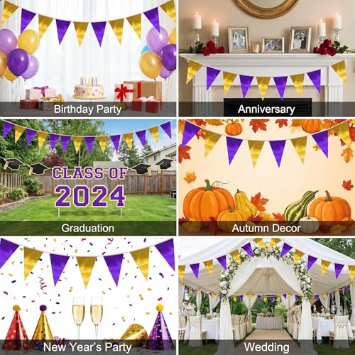 Image of 130FT Purple Gold Triangle Pennant Banner Flag Metallic Fabric Bunting Garland for Christmas Graduation Wedding Engagement Anniversary Bachelorette Birthday Bridal Shower Valentines Hen Party Supplies
