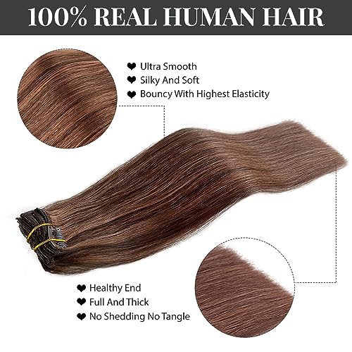 Image of Belaved Human Hair Clip in Extensions 12inch Dark Roasted Coffee&Caraamel Brown Clip in Hair Extensions Real Human Hair Straight Hair Extensions for Women 70g 7pcs #2P30