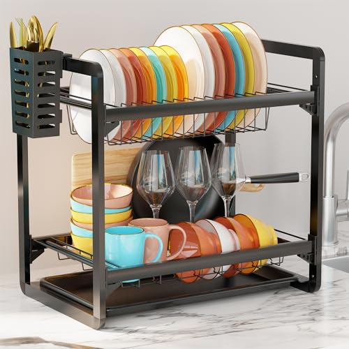 OWill Stainless Steel 2 Tier Dish Drainer Rack with Drip Tray, Utensils Holder and Draining Board Rack Dish Drying rack for Small Kitchens and Countertops