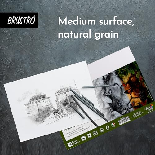 Image of Brustro Artists Sketching Paper | 110 GSM, A4 Size, Pack of 40 Sheets | Medium Surface, Natural Grain, Chlorine Free, Ideal for Pencil, Drawing, Charcoal, Art, Pen, Pastel, Ink