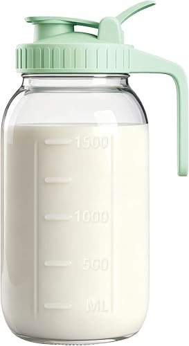 Jarra de leche materna de vidrio de 64 onzas con tapa y boquilla de vertido, recipiente de almacenamiento de leche materna hermética de 2 cuartos de
