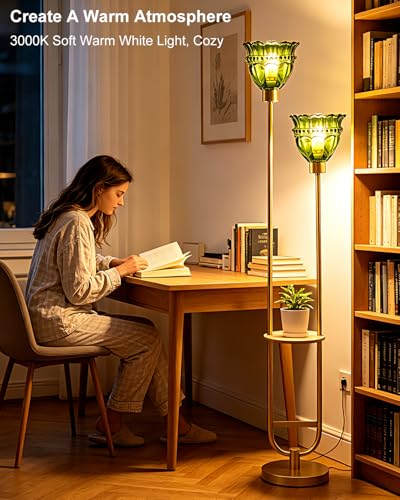 Image of Lightdot 2-Lights Glass Floor Lamp with Table Mid Century Modern Gold Standing Tall Lamps with Green Glass Shade, LED Floor Lamp with Foot Switch for Living Room Bedroom Home Decor (Bulbs Included)