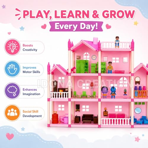 Image of DIY Doll House for Girls, 201 Pieces Multi-Level Play House with Furniture, Bedroom Kitchen Bathroom Living Room Set, Educational Pretend Play Toy for Kids Age 3+ Years, Pink