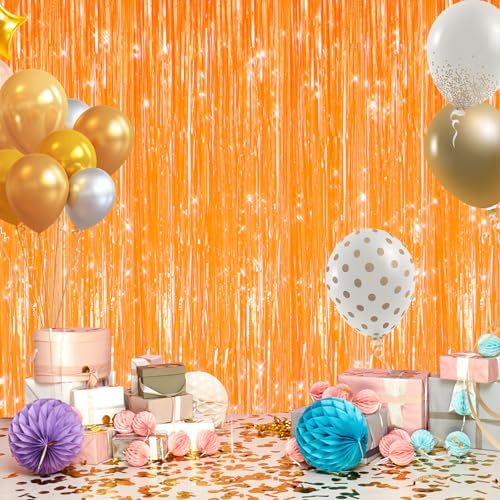 Image of GCB 2Pack Orange Fringe Curtain Party Streamers, Foil Fringe Backdrop Curtains for Birthday Decorations Wedding Graduation Bridal Baby Shower Tinsel Streamers Orange Party Decorations Door Streamer