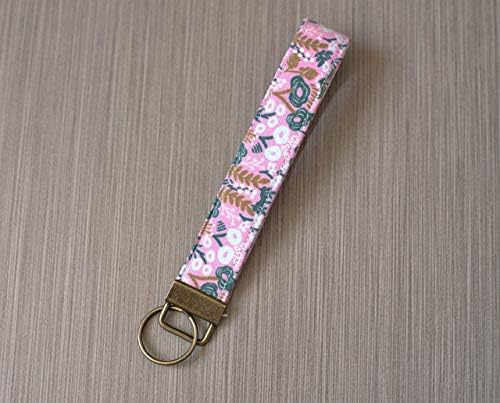 Floral Keychain Wristlet Pink Fabric Key fob Gift for Women