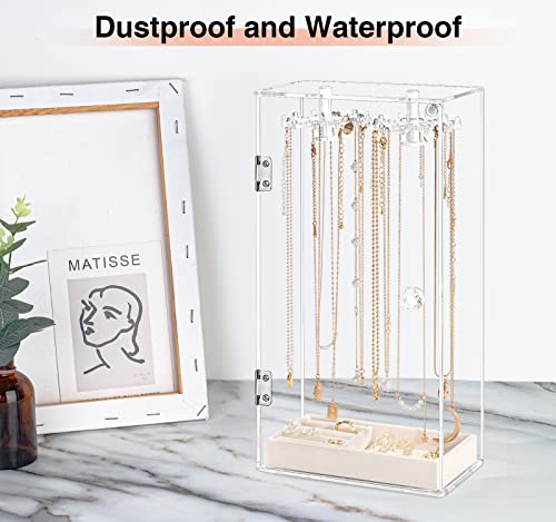Necklace Holder, Acrylic Jewelry Organizer with 24 Hooks, Rotation Clear Necklaces Pendant Display Case Stand, Dust-proof Velvet Tray Hanging Rack Storage for Earrings Rings4