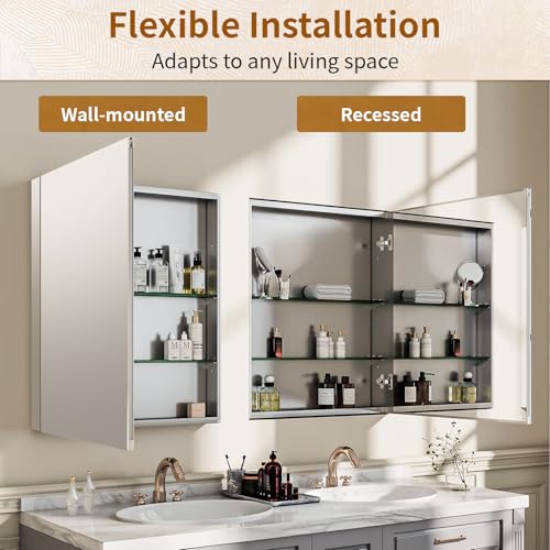 Botiquín para baño BEAUTYPEAK de 20" x 24" con espejo y almacenamiento | Botiquín plateado con puerta única y estantes ajustables para vanidad, vidrio templado, superficie de aluminio, montaje en pared o empotrado miniatura 5
