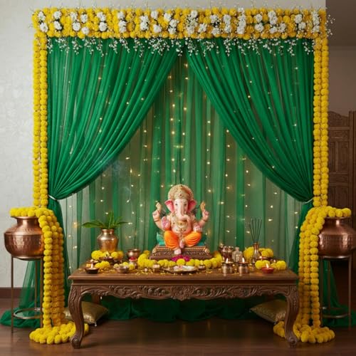 Image of Party Propz Green Backdrop Decoration Set - 3Pcs Green Backdrop Cloth for Decoration 2pc & Ribbon 1pc, Mehendi Decorations Items for Home, Net Curtain Decor, Mehandi Backdrop Decorations(Satin Mix)