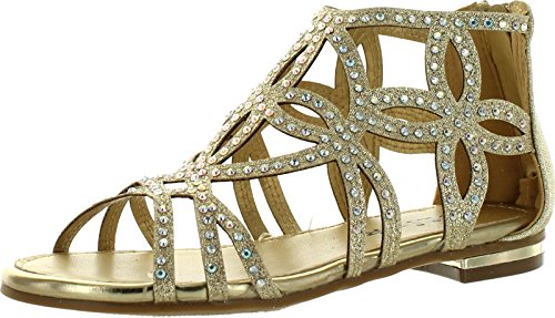 Forever Tory63 Kids Bling Rhinestone Four-Leaf Clover Cut Out Strap Gladiator Dress Sandal Shoes,Gold_T-63K,4