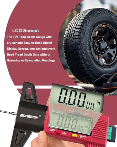 Image of GODESON Tire Tread Depth Gauge, Digital Tire Thread Depth Gauge with 3 Modes-32NDS, 1 Inch and 25.4MM, Large Screen & Color Scale Code Easy to Read,Suitable for Motors, Cars, SUV (Red)