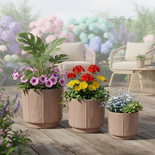 Image of Xtore Contour Ceramic Planter Set | Soft-Tone Minimal Plant Pots for Home & Office Decor - (Set of 3, Taupe, Planter ONLY)