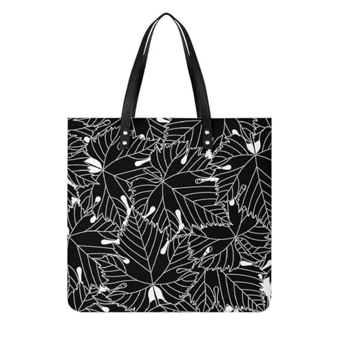 Sac shopping feuilles noires résistant, grand tote bag de voyage pour femme pressée