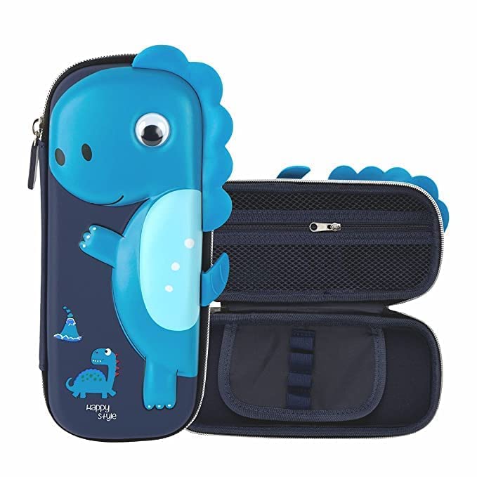 Image of Dinosaur Hardtop Pencil Case with Multiple Compartments - Kids School Supply Organizer Students Stationery Box - Girls Pen Pouch (Small Dinosaur Pouch Blue)