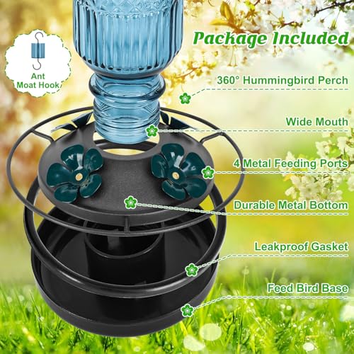 Image of FEED GARDEN Glass Hummingbird Feeder for Outdoors Hanging, 16 OZ Humming Bird Feeders with 4 Bee Guard Feeding Ports & Built-in Ant Moat, Hummingbird Gifts for Mom Bird Feeder for Outside, Blue,2 Pack