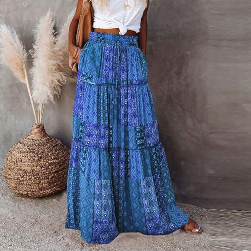 Floral Maxi Skirt with Pockets for Women 2025 Boho Flowy Drawstring Long Skirt Casual Tiered High Waisted Skirts3