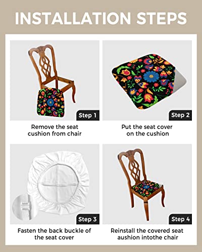 Mexican Birds Floral Seat Covers For Dining Room Chairs Covers, Office Chair Seat Cover, Colorful Mexico Ethnic Classic Black Abstract Art Chair Slipcovers Cushion Protector For Kitchen Set Of 4 #TOP3