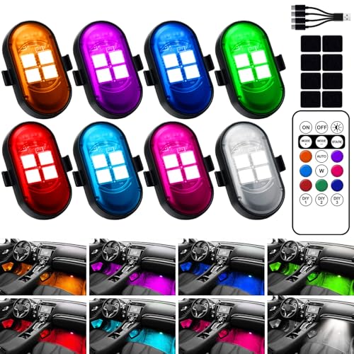 Upgraded Wireless LED Lights for Car, Rechargeable Interior Car Lights with 8 Colors Brightness Adjustable, 12H Battery Life, Remote Control, Mini Strobe Lights for Vehicle Motorcycle Bike Decor