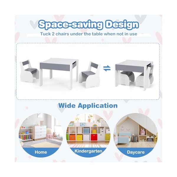 Costzon kids table and chair set 4 in 1 wooden activity table 2 chairs with detachable blackboard for arts crafts drawing reading storage 3 pcs toddler table and chairs for boys girls gray  urban country home decor