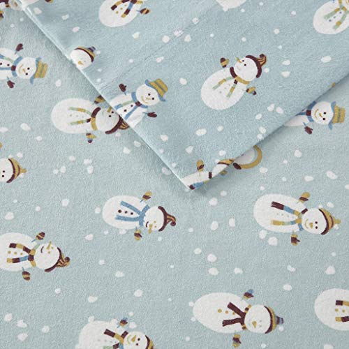 Image of Sleep Philosophy True North Cozy Flannel Warm 100% Cotton Sheet - Novelty Print Animals Stars Cute Ultra Soft Cold Weather Bedding Set, Queen, Blue Snowmen 4 Piece