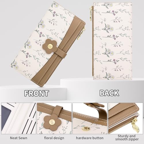 Image of Farcauo Long Floral Womens Wallet Cute Wallets for Women Brown Women's Wallet Kawaii Flower Card Wallets for Women Ladies