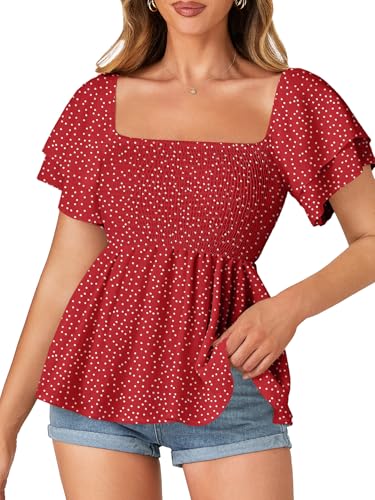 LYANER Women’s Square Neck Smocked Peplum Top Ruffle Short Sleeve Babydoll Shirred Blouse Polka Dots Red XX-Large