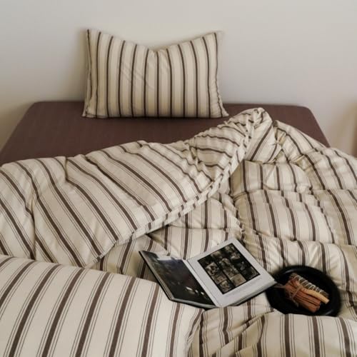 Image of Brown Striped Duvet Cover Twin Size Beige Brown Strips Duvet Cover Set Vintage Retro Vertical Striped Soft Lightweight Microfiber Bedding Set with Zipper Closure and 1 Pillowcase