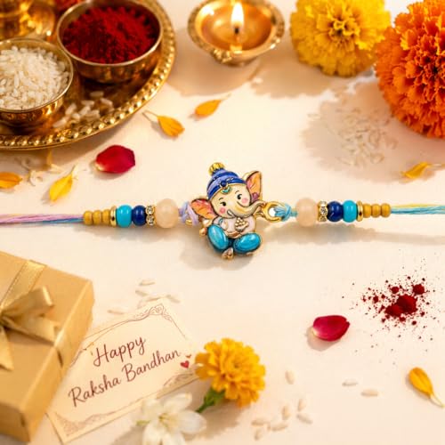 Image of Single Rakhi for Kids - Adorable Elegant Ganesh Ji for Kids Brother | Premium Raksha Bandhan Rakhi for Little /Small /Younger Brother | Set of 1 with Greeting Card, Roli & Tikka Pack